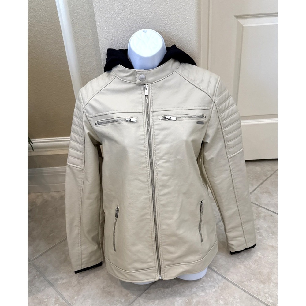Guess Los Angeles Cream Faux Leather Moto Jacket with Black Hood Jr Size 16 (S/M